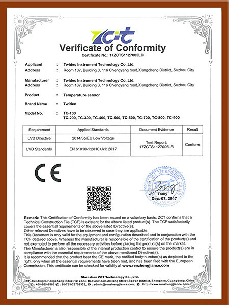 CE certificate for temperature sensor